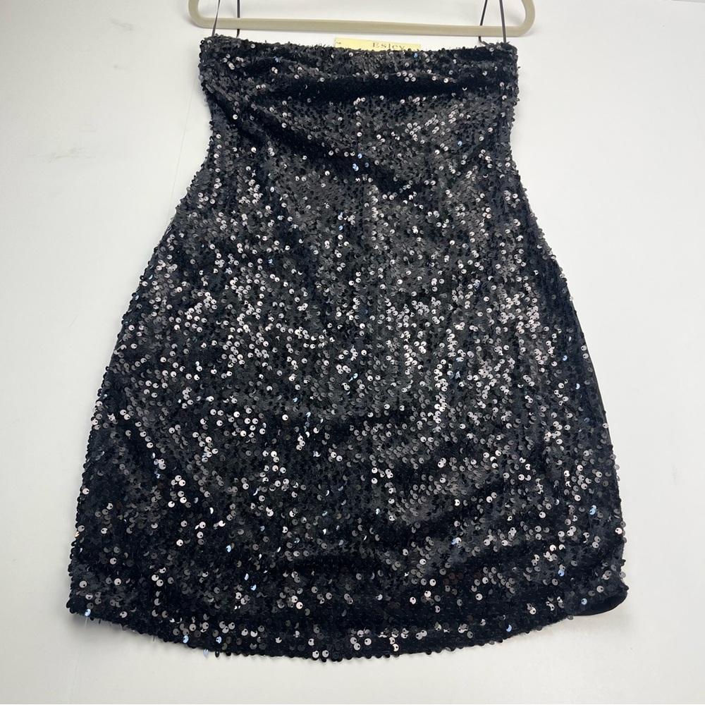 Esley Black Sequin Front‎ Strapless Mini Dress Medium Bodycon Lined Side Zip NEW